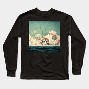 Vintage floral house in the middle of ocean art print Long Sleeve T-Shirt